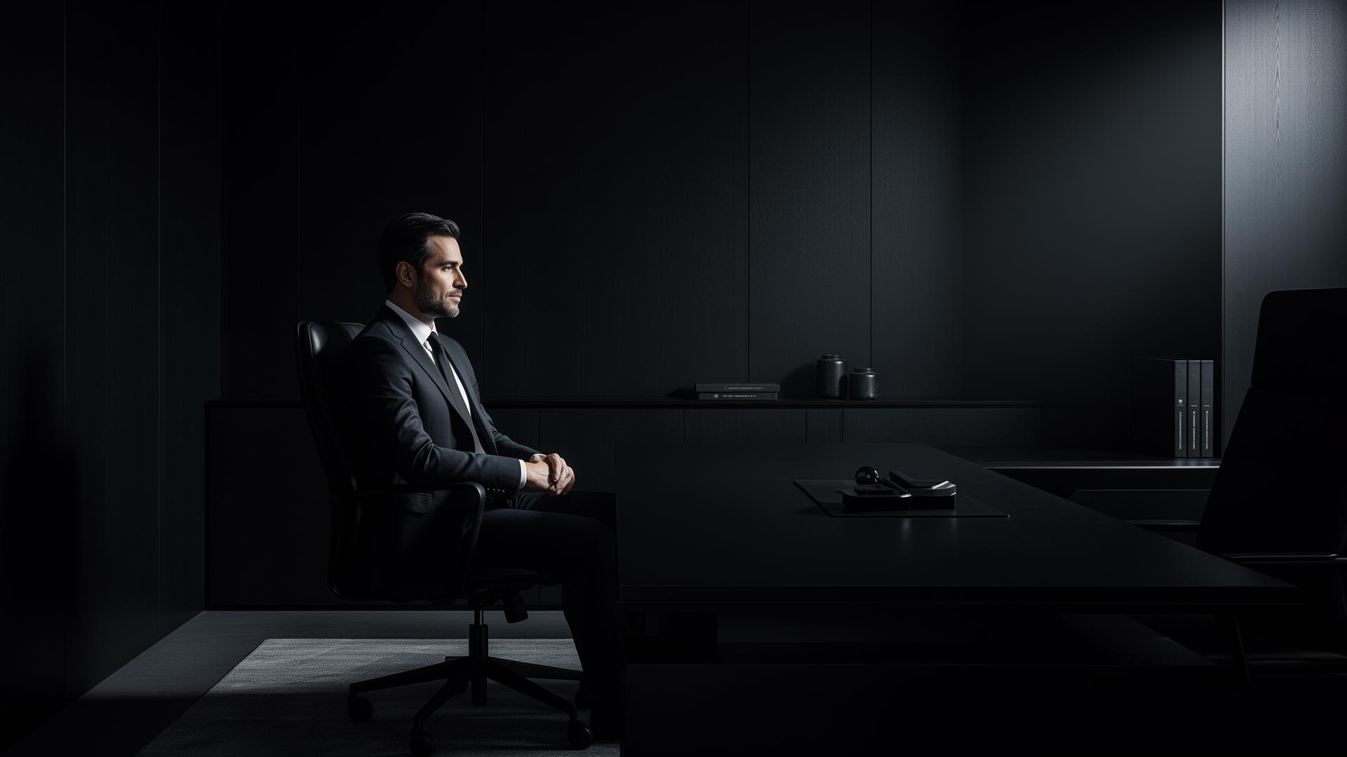 Executivo em escritório premium escuro